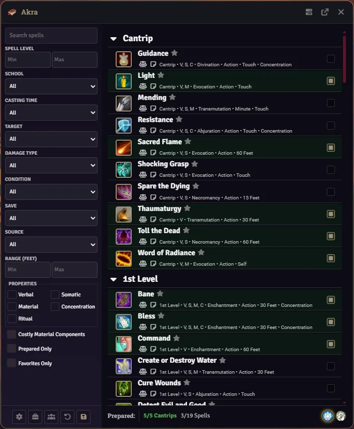 Player Spell Book hero view