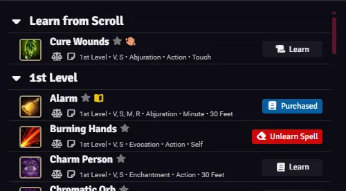 Wizard Learn tab with learnable, scroll-learnable, and in-spellbook rows