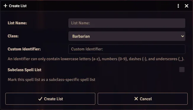 Create Spell List dialog