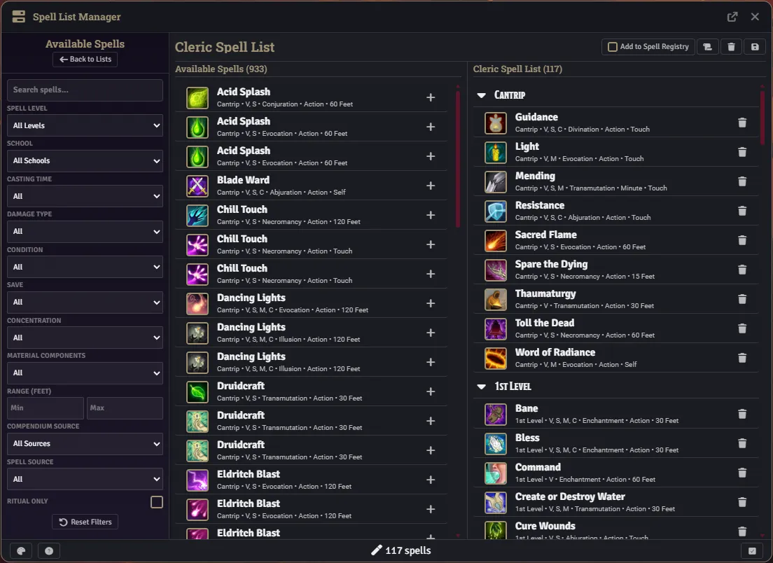 Spell List Manager editing view with Available and Current panels