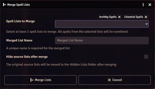 Merge Lists dialog