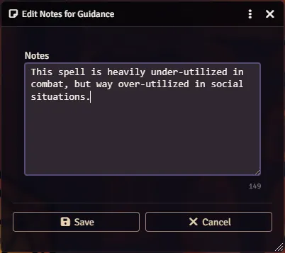 Spell Notes dialog