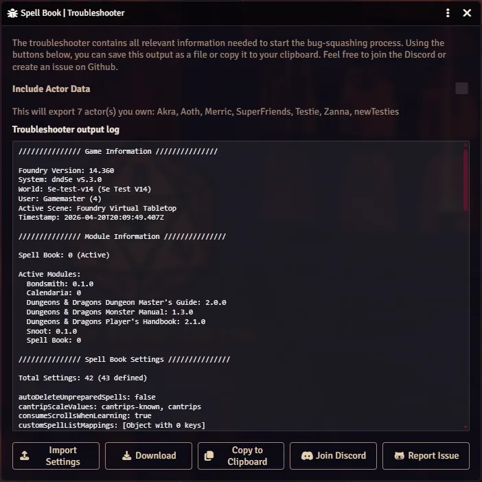 Spell Book Troubleshooter window with diagnostic output and footer actions