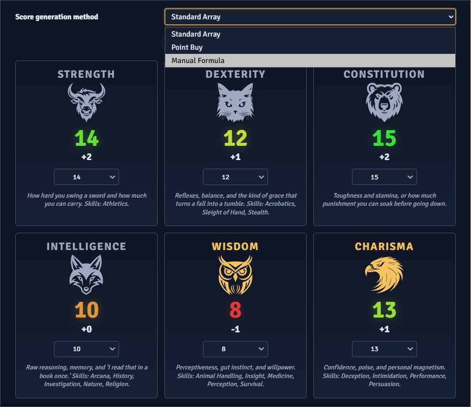 The Abilities tab with a score generation method selected