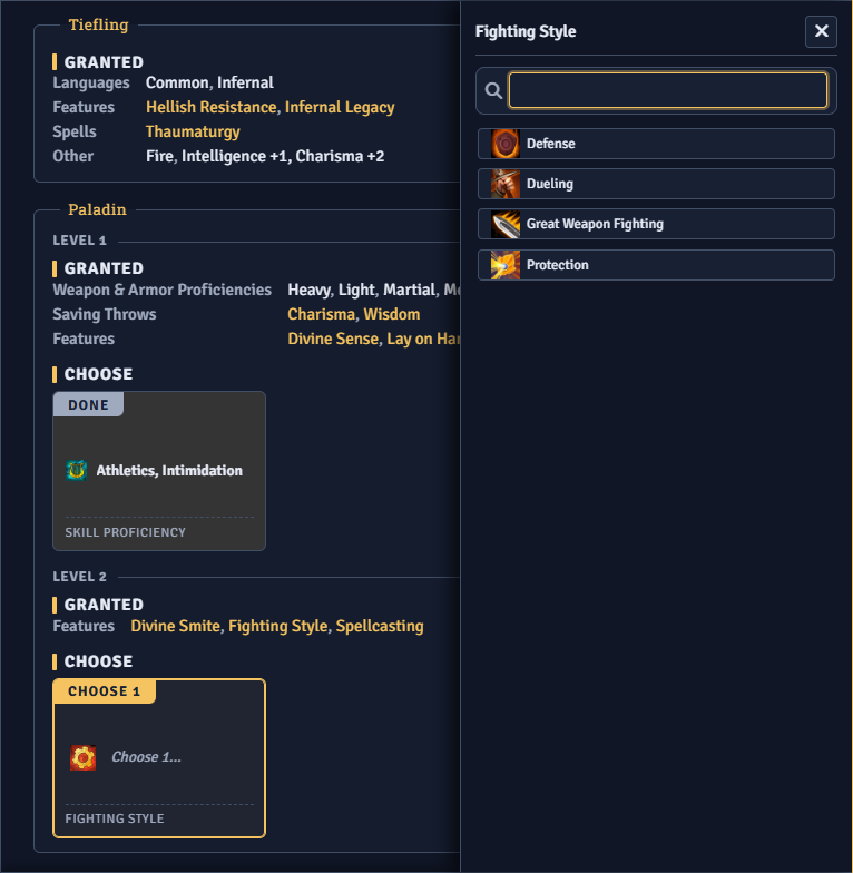The Advancements tab showing the Granted list and choice chips