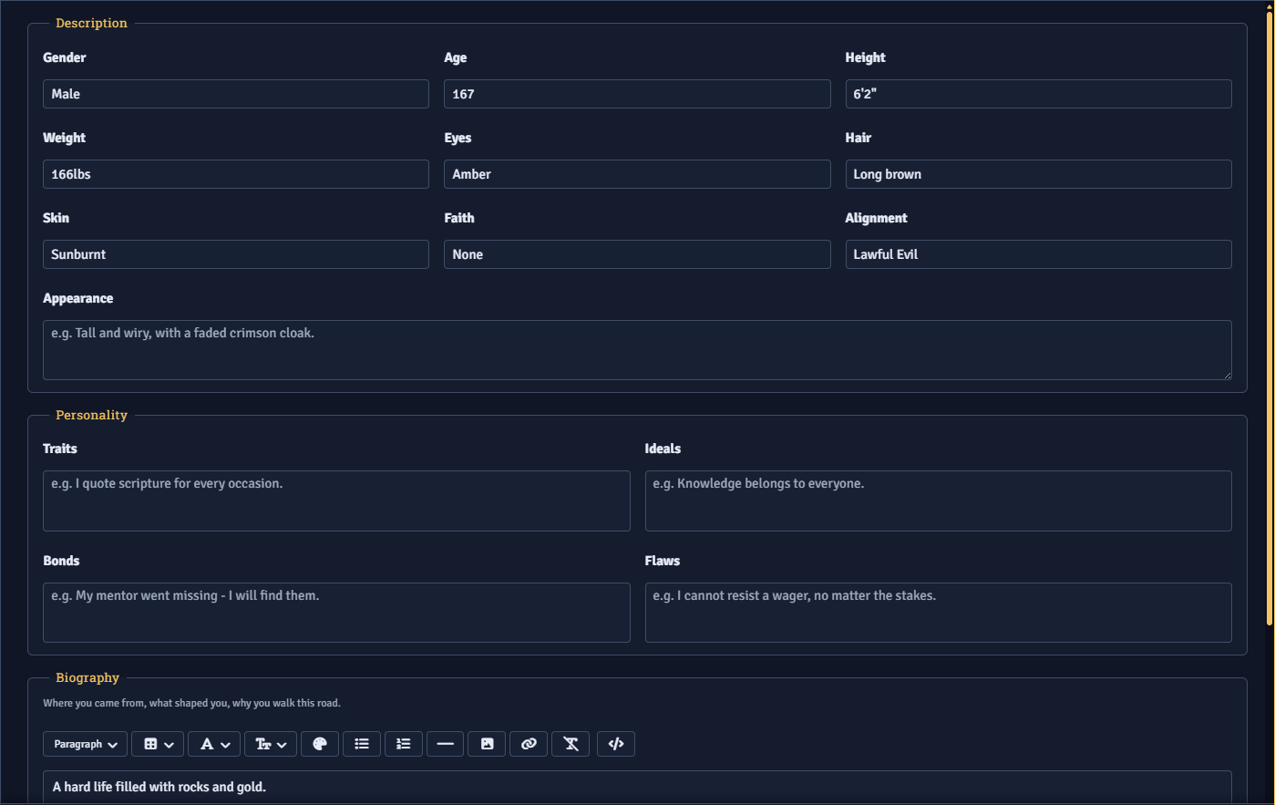 The Biography tab with traits, ideals, bonds, and flaws