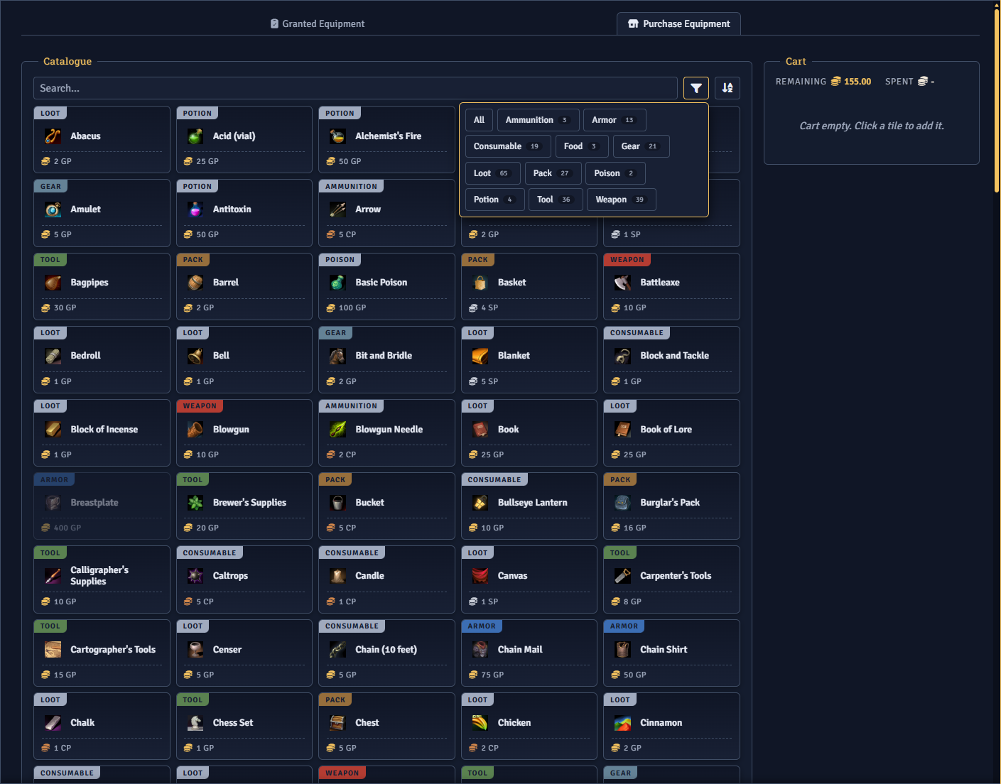 The purchase shop with the item catalogue and cart