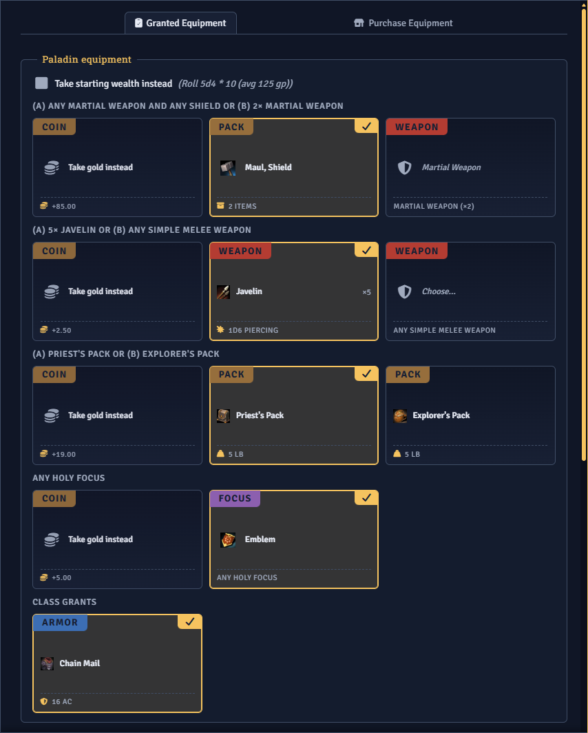 The Equipment tab with granted gear and the starting wealth toggle