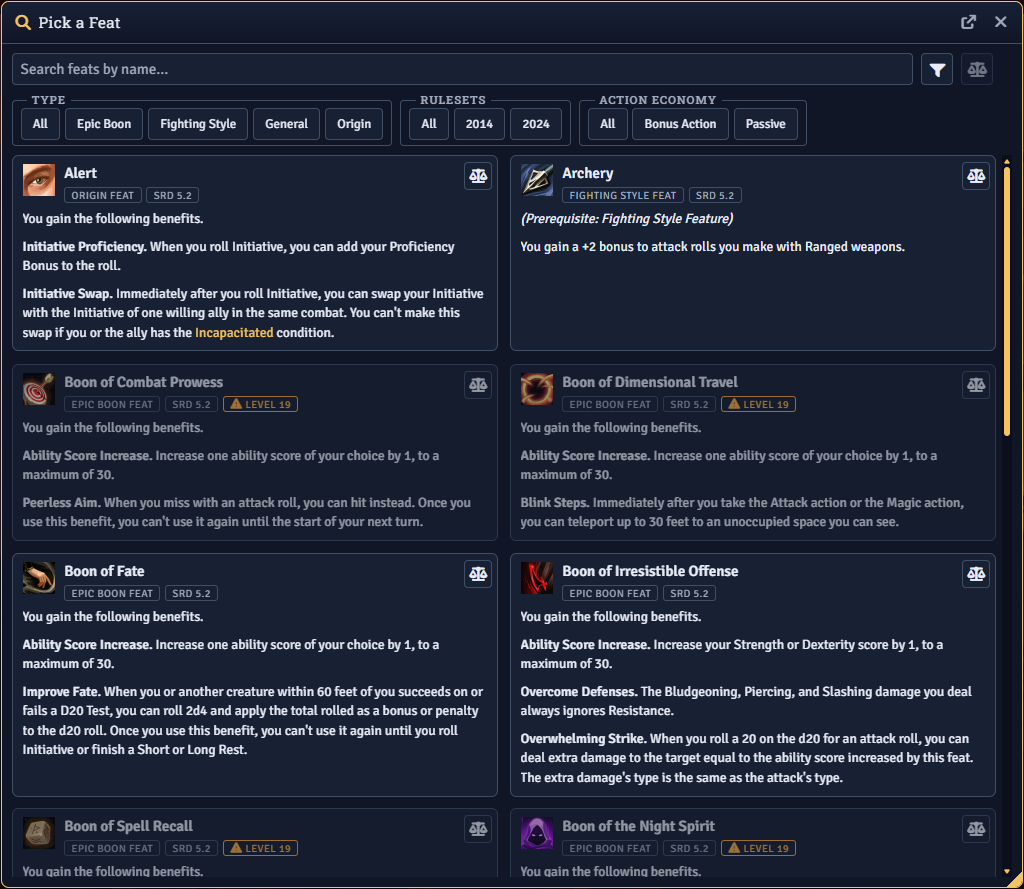 The feat browser with search, filters, and prerequisites