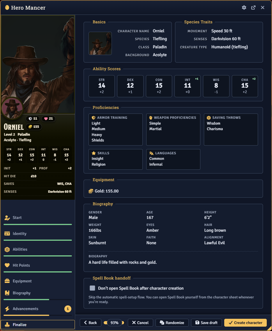 The Finalize tab showing the character review summary