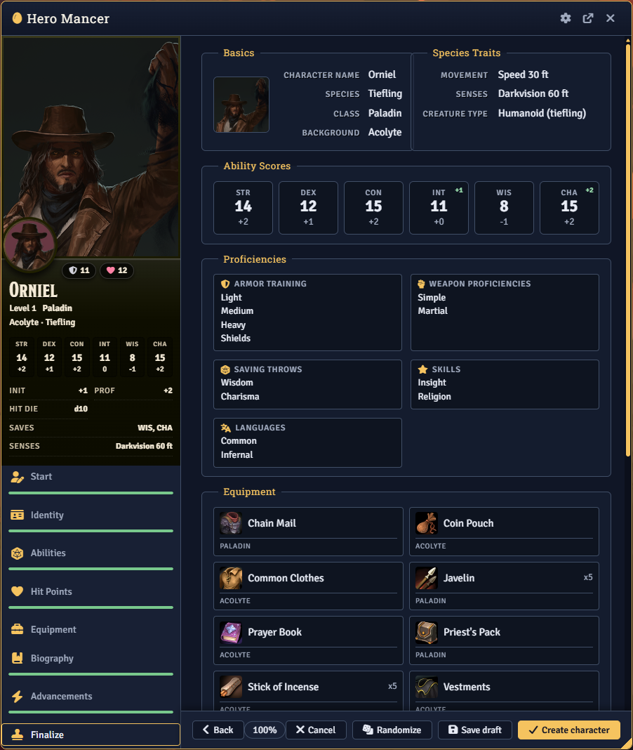 The Hero Mancer creation wizard with its tab list and live sidebar preview
