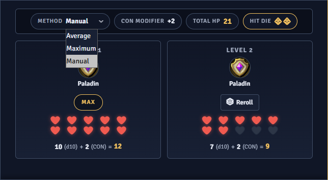 The Hit Points tab with its hit point method options