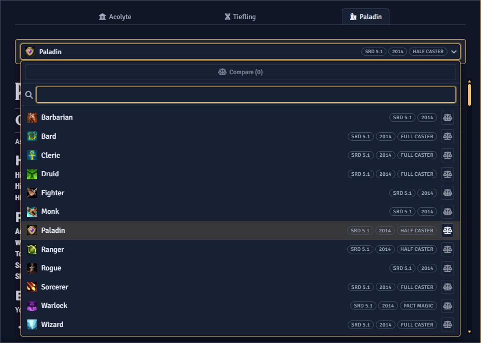 Choosing a species, class, and background with a description panel