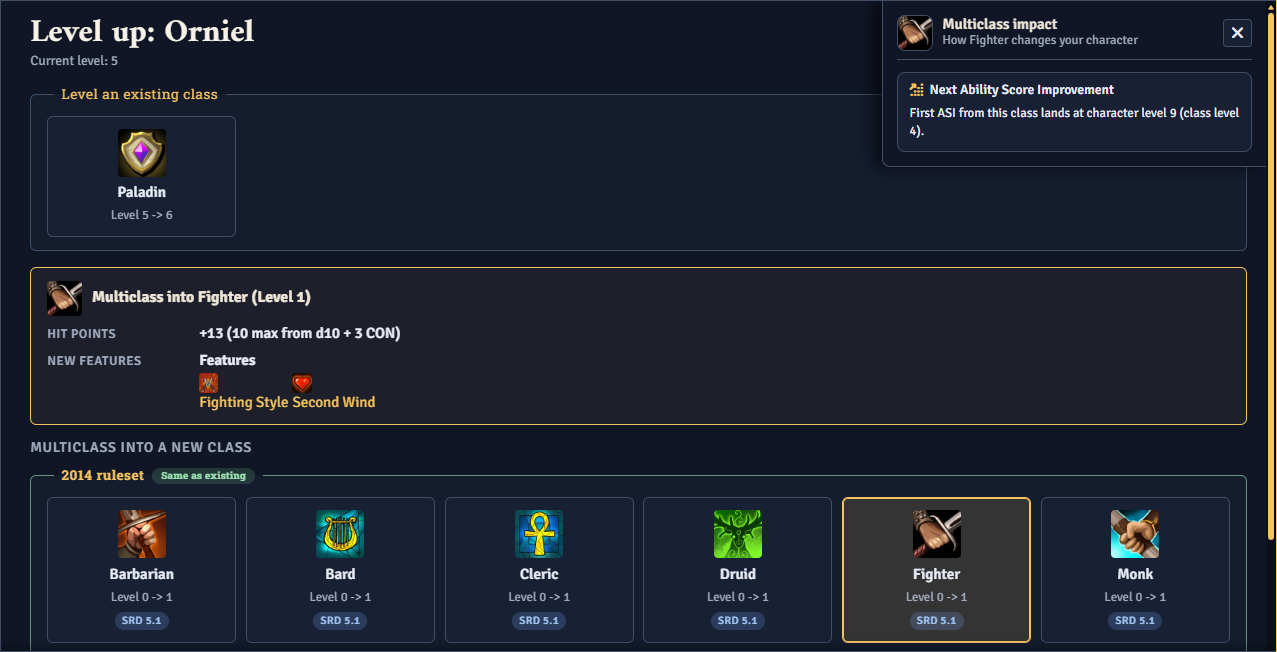 Level-up mode previewing new hit points and features