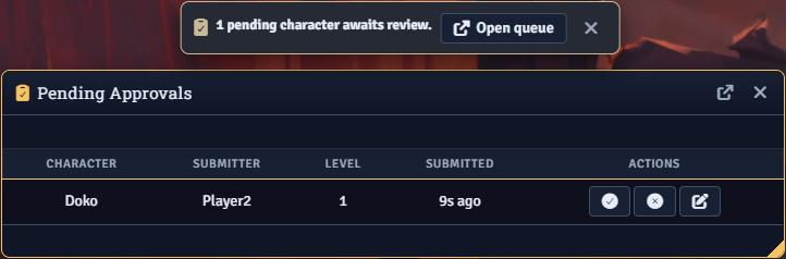 The Gamemaster pending approvals queue