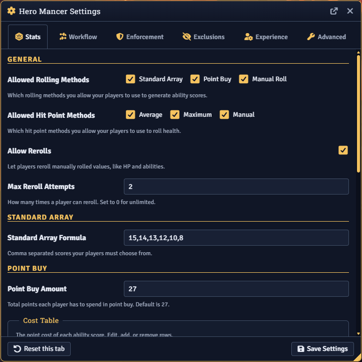 The Hero Mancer settings dashboard