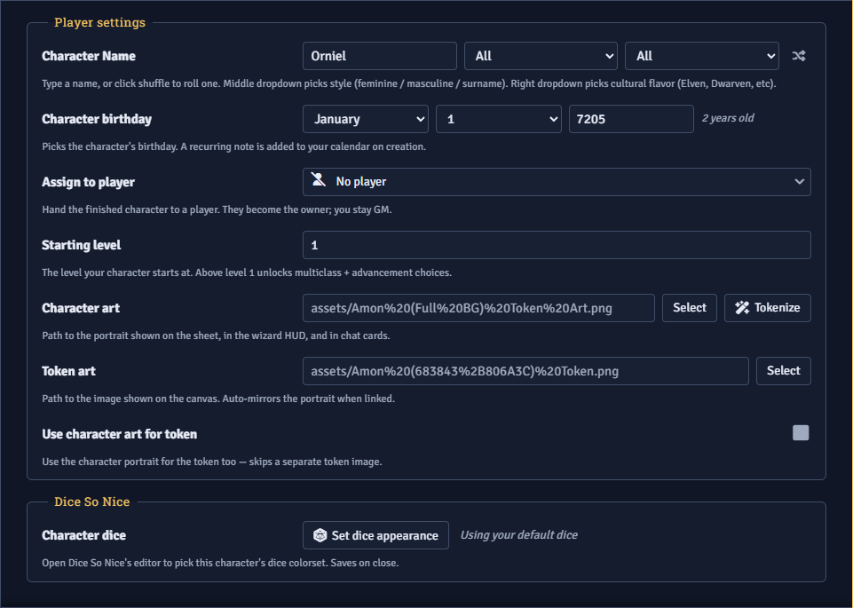 The Start tab with name, player, and token settings