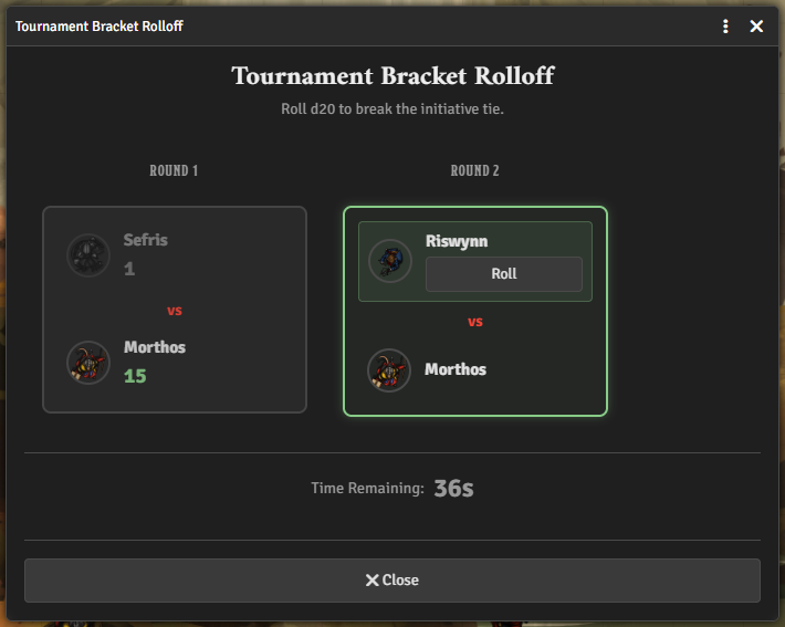 Tournament bracket rolloff