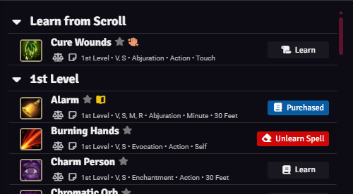 Wizard Learn tab with learnable, scroll-learnable, and in-spellbook rows