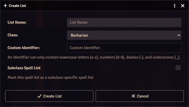 Create Spell List dialog
