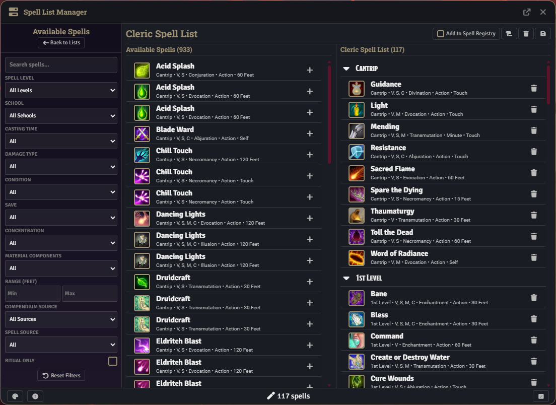 Spell List Manager editing view with Available and Current panels