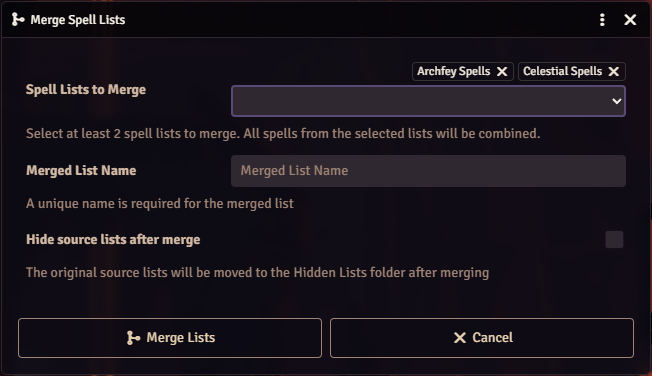 Merge Lists dialog