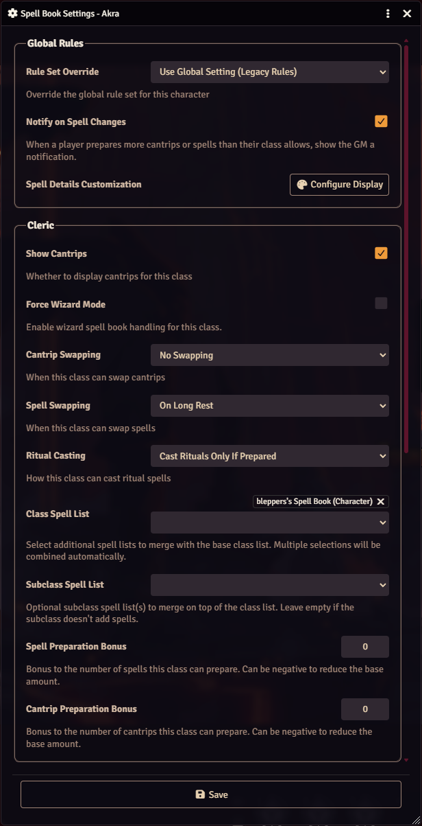 Spell Book Settings dialog