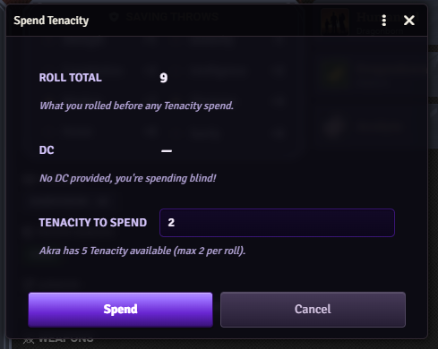 Spend Tenacity dialog